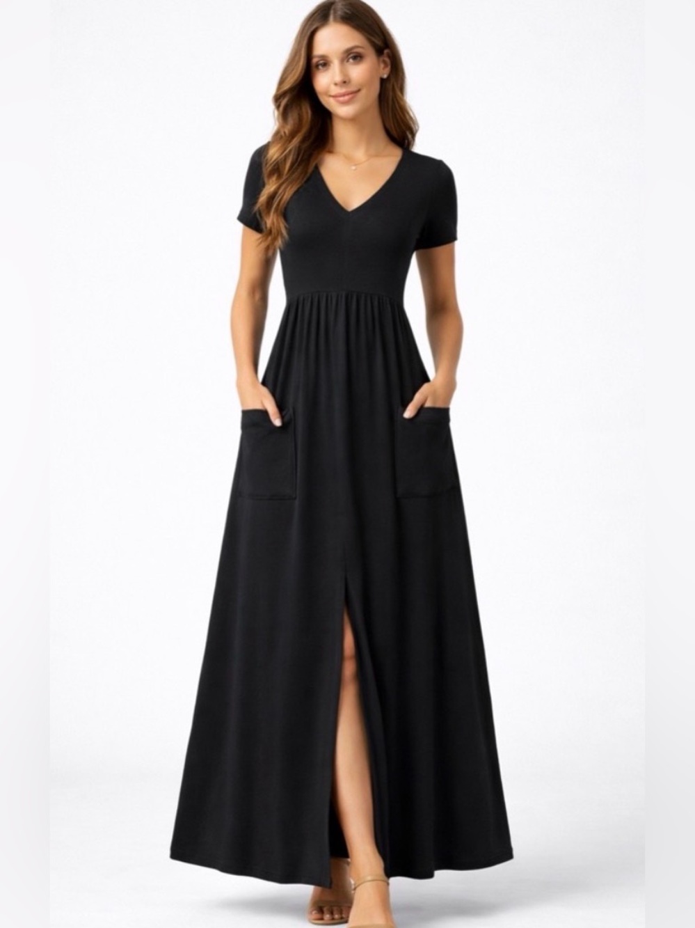 CW Clifford & Wills Black Maxi Dress Small V-Neck Front Slit Front Pockets(E21)✨